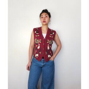 Vintage wool embroidered V neck button down knit sweater vest women M